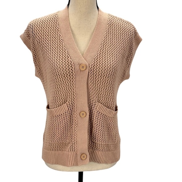 Alfani Great Escape Button Front V Neck Open Knit Vest - Tan - size PP (XSP) - Picture 1 of 10